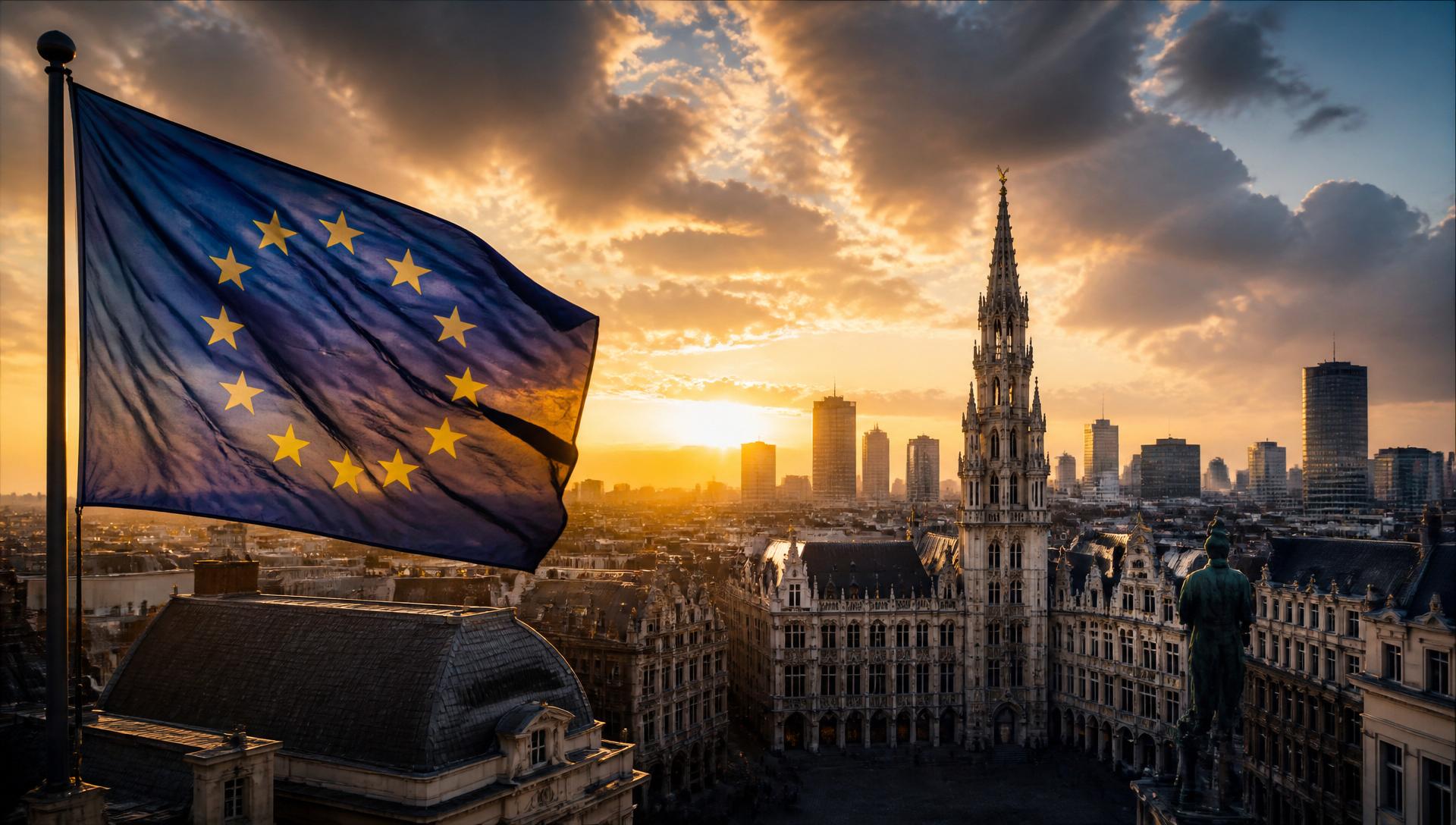 European cityscape with European Union flag at sunset